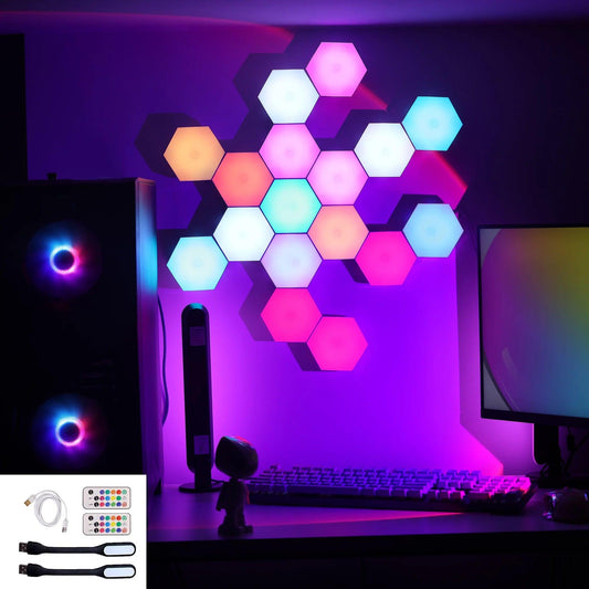 RGB LED Hexagon Wall Lights with Remote Control - Smart DIY Touch Sensitive for Game Room Decor and Parties (6-Pack)