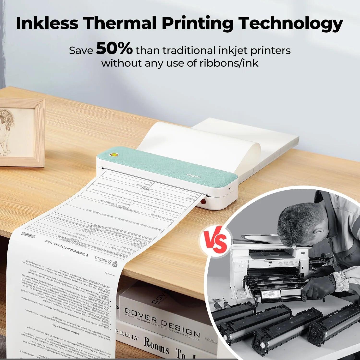 Portable Wireless Thermal Inkless Printer - Bluetooth Compatible with Android, iOS, and Laptop - Green