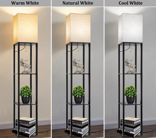 63" Modern Wood Shelf Floor Lamp with Shelves for Living Room, Bedroom, Office - Black