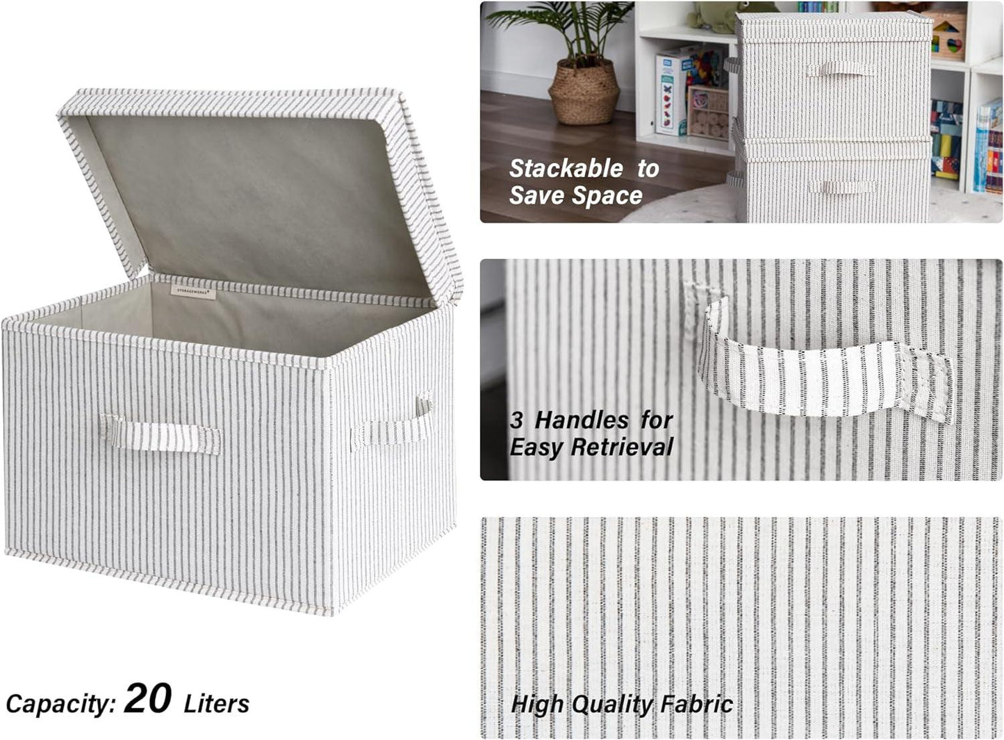Decorative Storage Boxes, Storage Basket with Lid and Handles, Gray and White Stripes, Large, 2-Pack